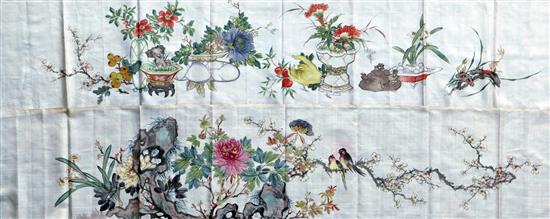 Two Chinese paintings on silk panels, early 20th century, 43cm x 200cm and 205cm